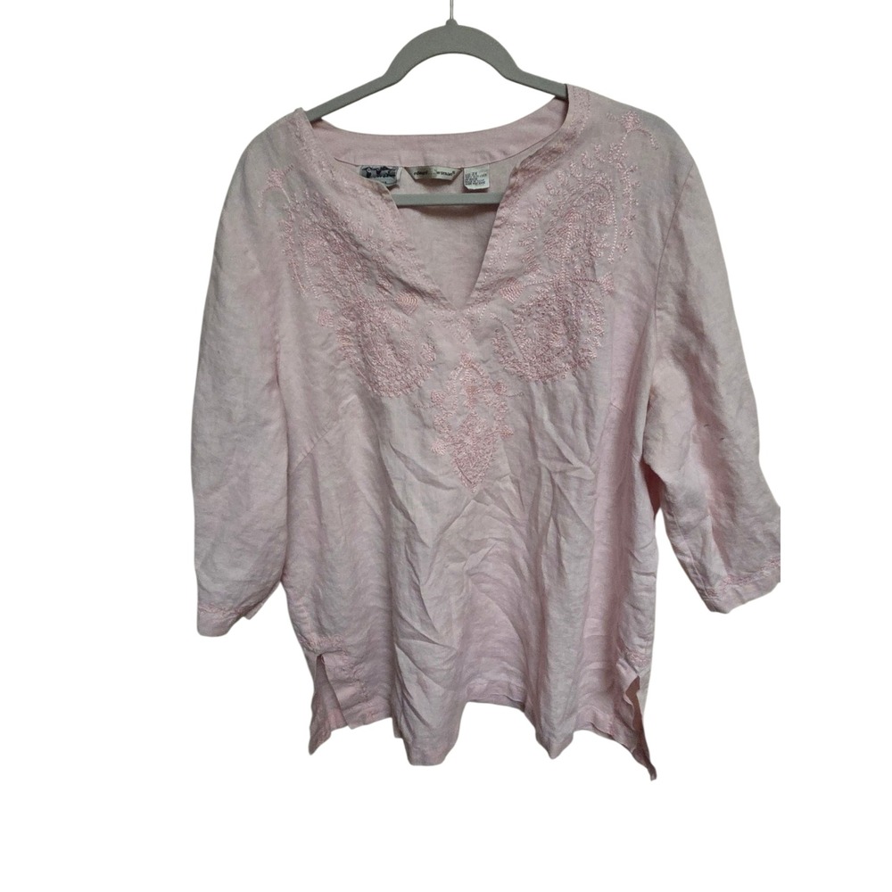 Edward Woman 2X Pink Irish Linen Embroidered Tunic Top Womens Plus Size Blouse